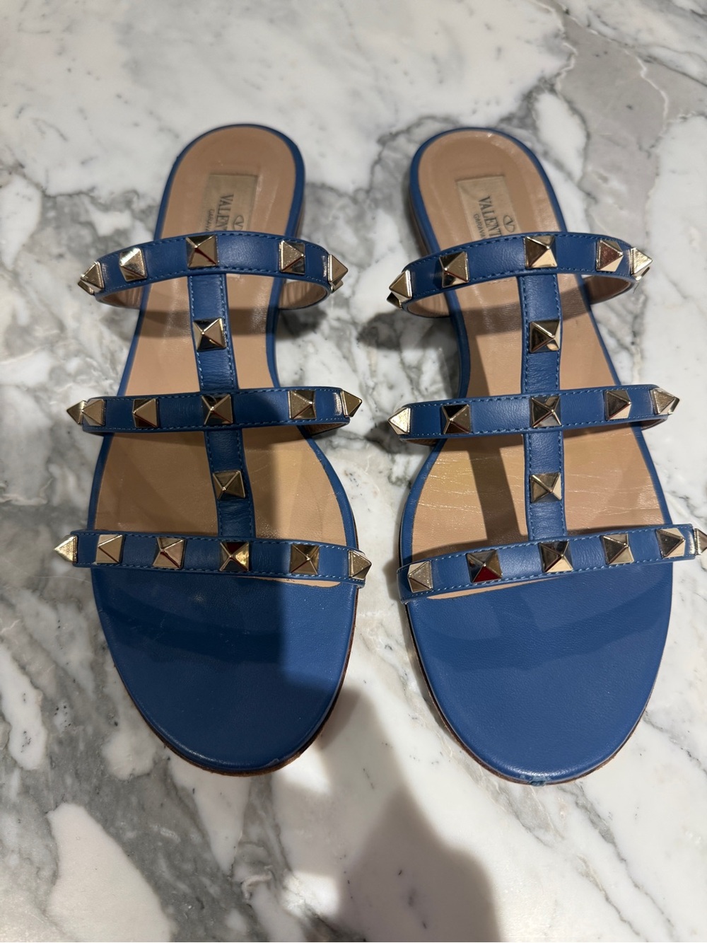 Valentino Garavani Blue Leather Rockstud Triple-Strap Slide Sandals